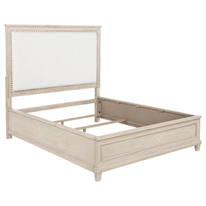 English Elm Wedner Queen Panel Bed Washed Oak Frame Cream Upholstered Nailhead Headboard B062S02277