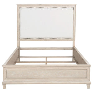 English Elm Wedner Queen Panel Bed Washed Oak Frame Cream Upholstered Nailhead Headboard B062S02277