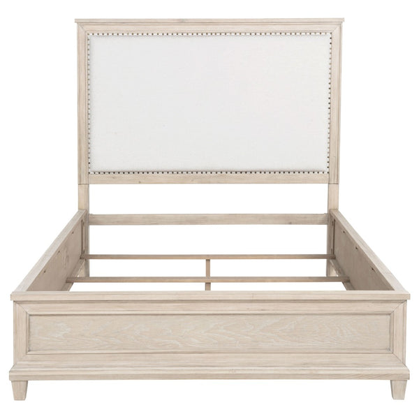 English Elm Wedner Queen Panel Bed Washed Oak Frame Cream Upholstered Nailhead Headboard B062S02277