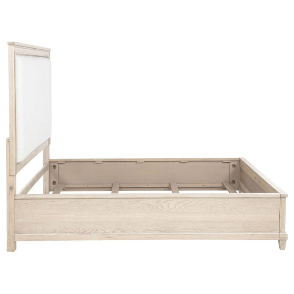English Elm Wedner Queen Panel Bed Washed Oak Frame Cream Upholstered Nailhead Headboard B062S02277