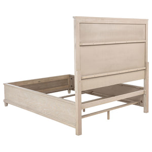 English Elm Wedner Queen Panel Bed Washed Oak Frame Cream Upholstered Nailhead Headboard B062S02277