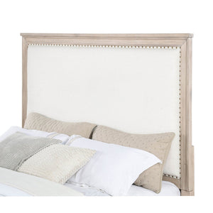 English Elm Wedner Queen Panel Bed Washed Oak Frame Cream Upholstered Nailhead Headboard B062S02277