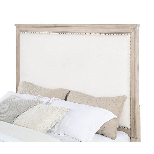 English Elm Wedner Queen Panel Bed Washed Oak Frame Cream Upholstered Nailhead Headboard B062S02277
