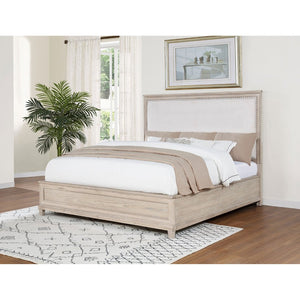 English Elm Wedner Eastern King Panel Bed Washed Oak Frame Nailhead Upholstered Headboard B062S02278