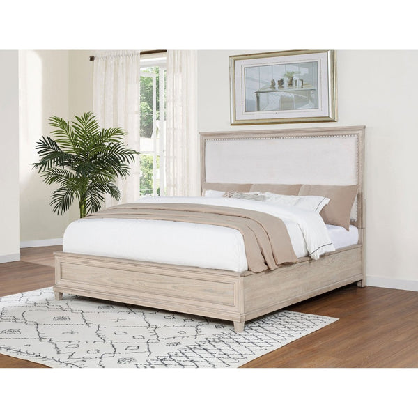 English Elm Wedner Eastern King Panel Bed Washed Oak Frame Nailhead Upholstered Headboard B062S02278