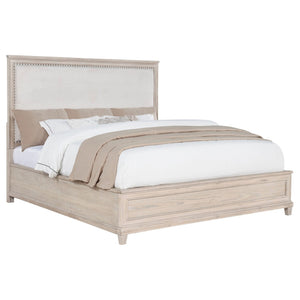 English Elm Wedner Eastern King Panel Bed Washed Oak Frame Nailhead Upholstered Headboard B062S02278