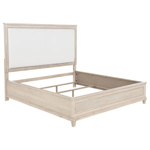English Elm Wedner Eastern King Panel Bed Washed Oak Frame Nailhead Upholstered Headboard B062S02278