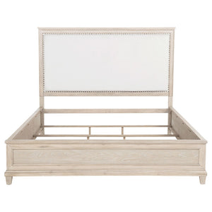 English Elm Wedner Eastern King Panel Bed Washed Oak Frame Nailhead Upholstered Headboard B062S02278
