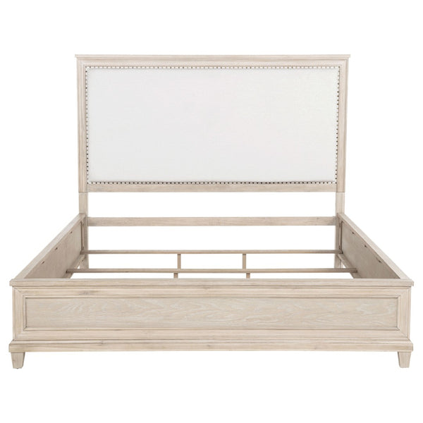 English Elm Wedner Eastern King Panel Bed Washed Oak Frame Nailhead Upholstered Headboard B062S02278