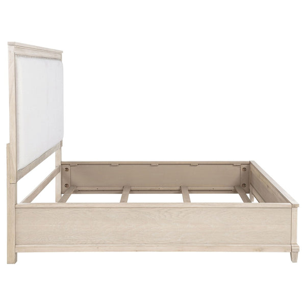 English Elm Wedner Eastern King Panel Bed Washed Oak Frame Nailhead Upholstered Headboard B062S02278