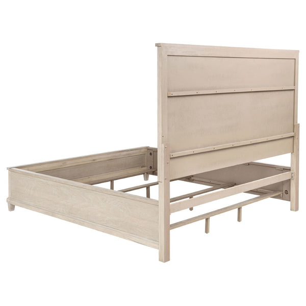 English Elm Wedner Eastern King Panel Bed Washed Oak Frame Nailhead Upholstered Headboard B062S02278