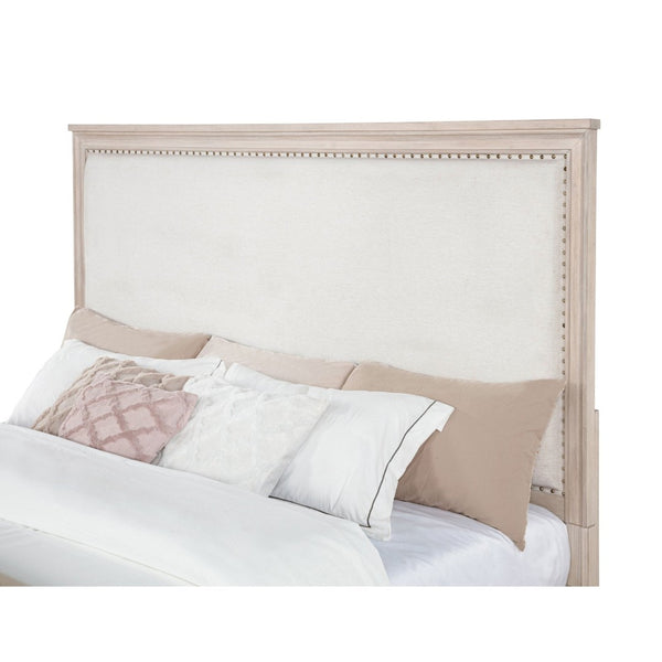 English Elm Wedner Eastern King Panel Bed Washed Oak Frame Nailhead Upholstered Headboard B062S02278