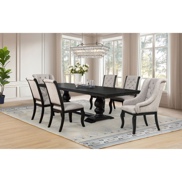 English Elm Kinzler Trestle Extendable Dining Set Seats Eight with Tufted Tan Upholstered Chairs B062S02285