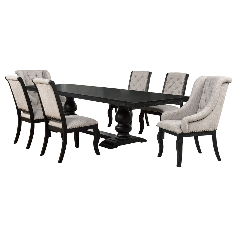 English Elm Kinzler Trestle Extendable Dining Set Seats Eight with Tufted Tan Upholstered Chairs B062S02285