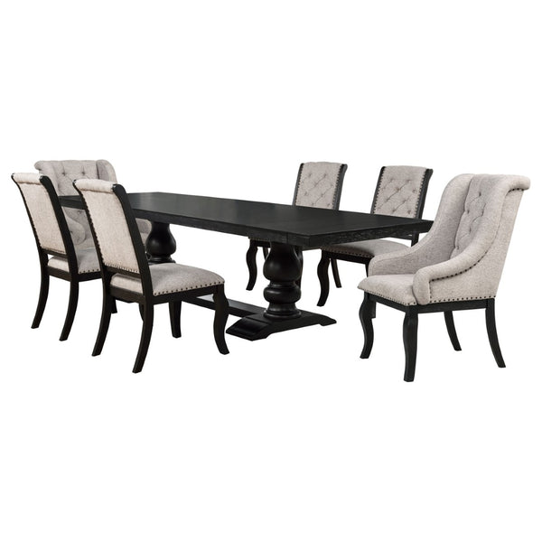 English Elm Kinzler Trestle Extendable Dining Set Seats Eight with Tufted Tan Upholstered Chairs B062S02285