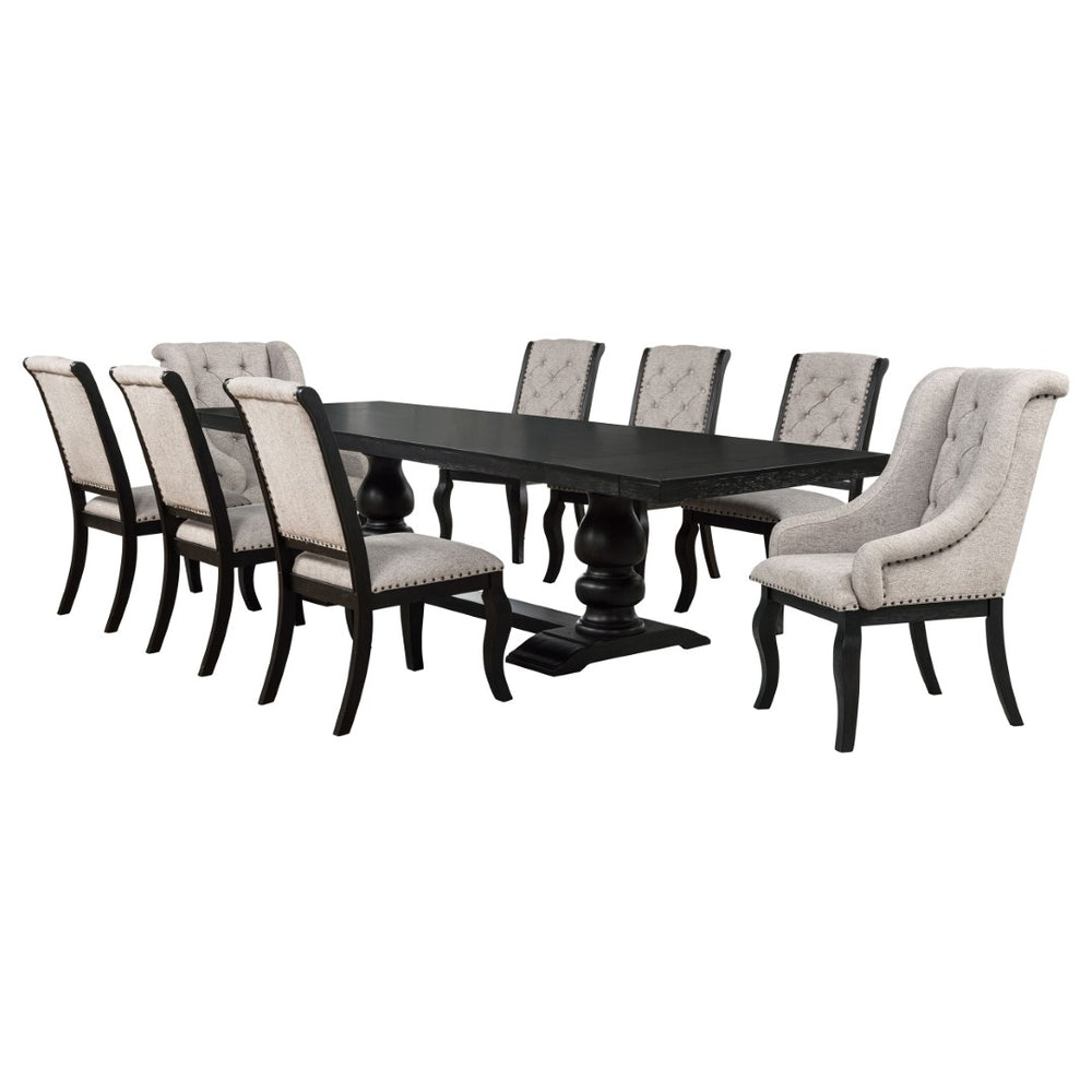 English Elm Kinzler Nine Piece Traditional Dining Set with Trestle Base and Wingback Upholstered Chairs B062S02287