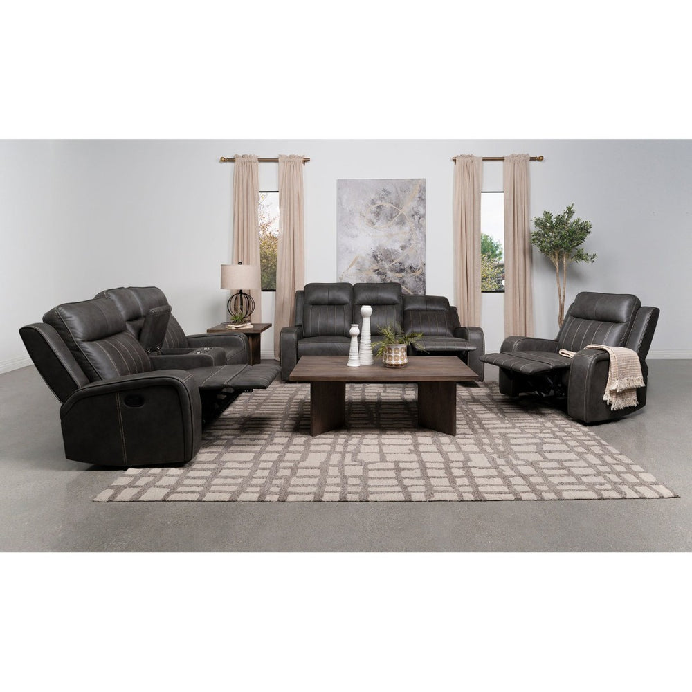 English Elm Mckinley Grey Leatherette Reclining Sofa Loveseat and Recliner Set Modern Living B062S02288