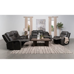 English Elm Mckinley Grey Leatherette Reclining Sofa Loveseat and Recliner Set Modern Living B062S02288