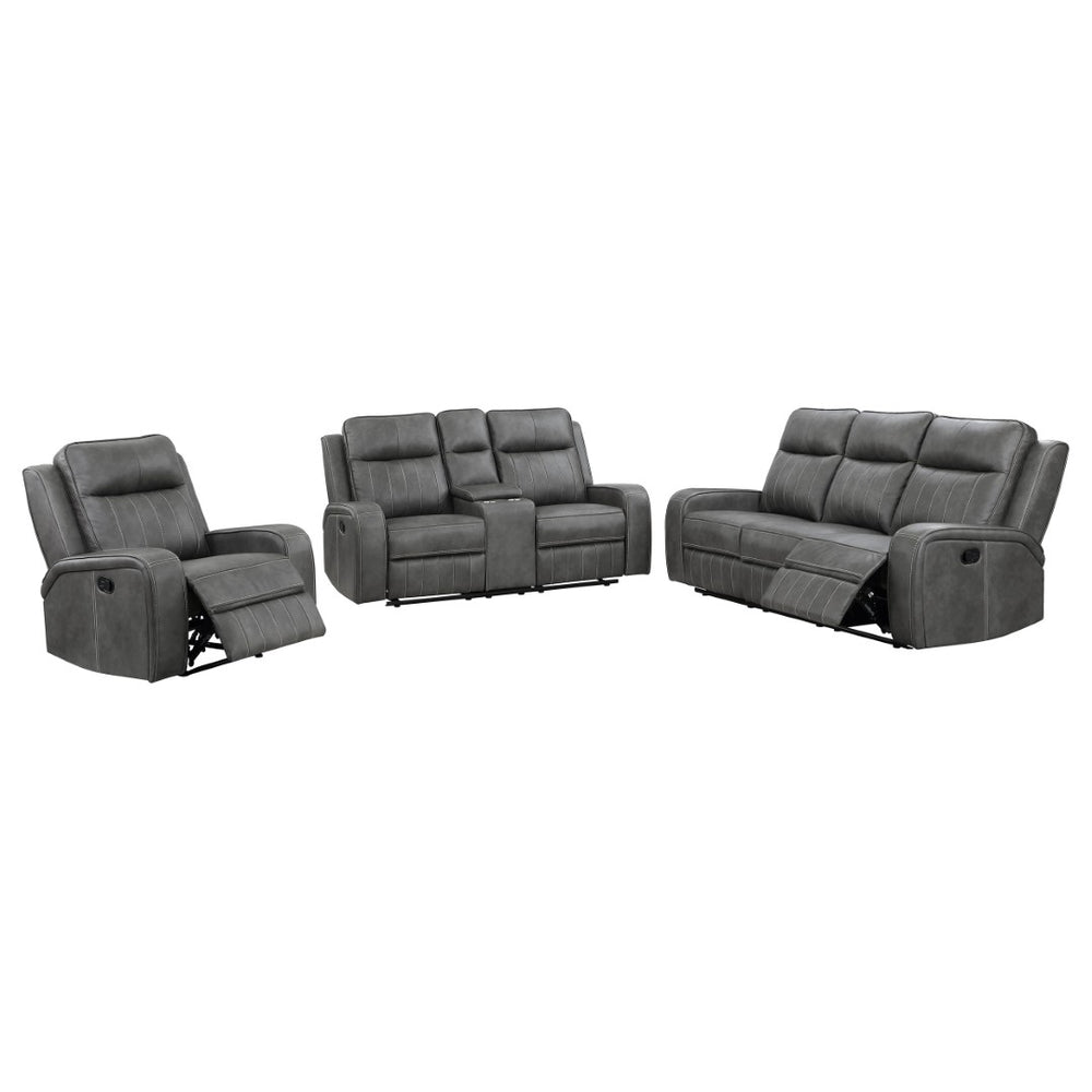English Elm Mckinley Grey Leatherette Reclining Sofa Loveseat and Recliner Set Modern Living B062S02288