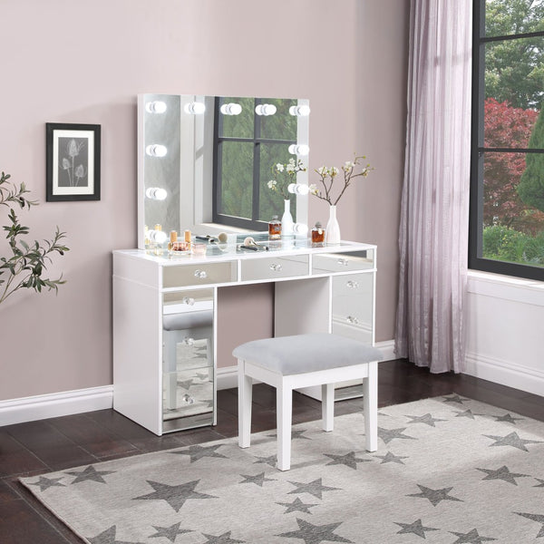 English Elm Winona Hollywood Glam Makeup Vanity Set with Bulb Mirror and Upholstered Stool B062S02294