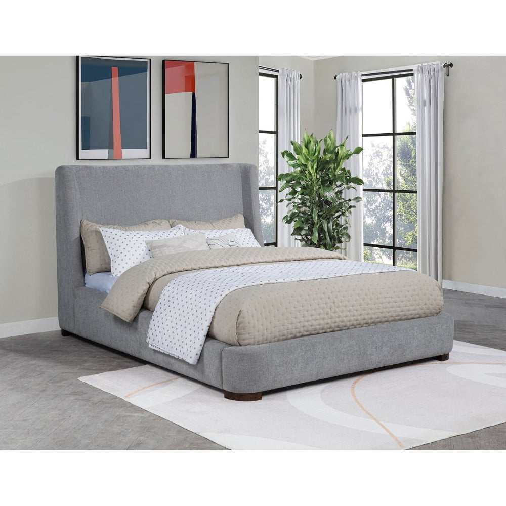 English Elm Ferrara Upholstered Wingback Platform Bed with Walnut Legs and Tailored Grey Fabric B062S02296