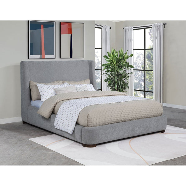 English Elm Ferrara Upholstered Wingback Platform Bed with Walnut Legs and Tailored Grey Fabric B062S02296