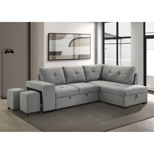 English Elm Atkinson Tufted Grey Fabric Sleeper Sectional with Hidden Storage and Nested Stools B062S02297