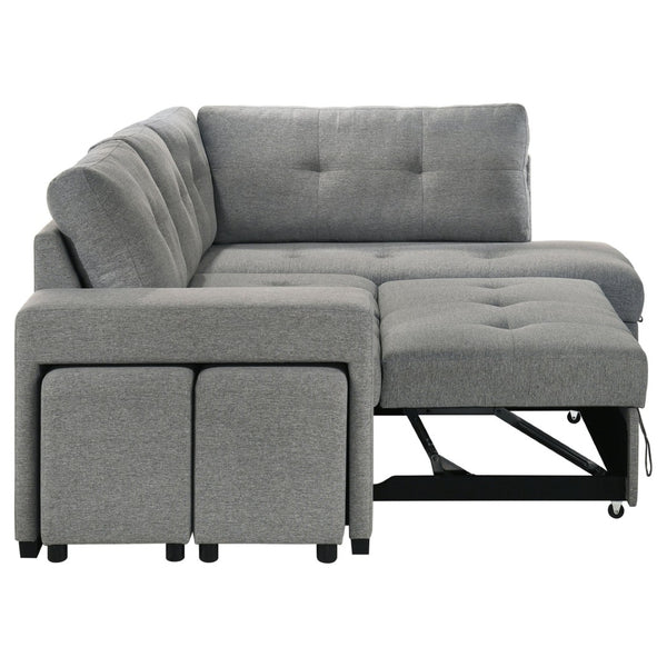 English Elm Atkinson Tufted Grey Fabric Sleeper Sectional with Hidden Storage and Nested Stools B062S02297