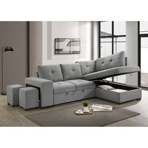 English Elm Atkinson Tufted Grey Fabric Sleeper Sectional with Hidden Storage and Nested Stools B062S02297