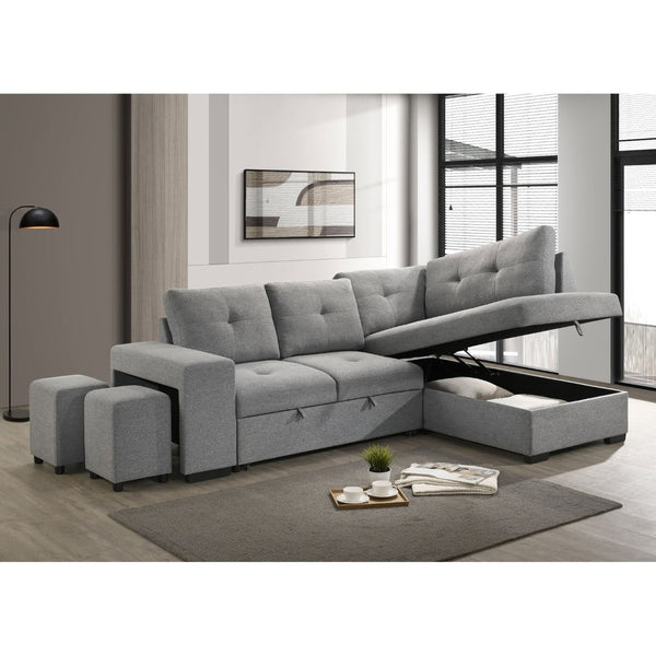 English Elm Atkinson Tufted Grey Fabric Sleeper Sectional with Hidden Storage and Nested Stools B062S02297
