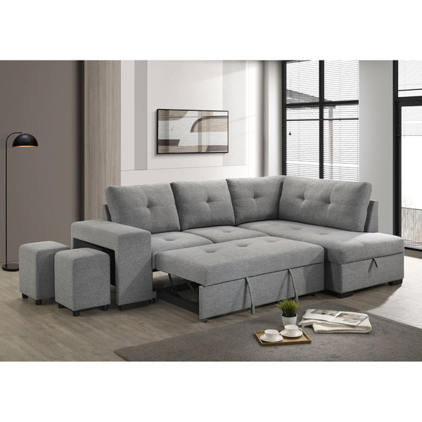 English Elm Atkinson Tufted Grey Fabric Sleeper Sectional with Hidden Storage and Nested Stools B062S02297