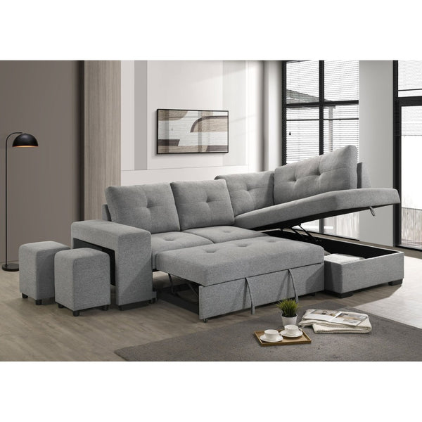 English Elm Atkinson Tufted Grey Fabric Sleeper Sectional with Hidden Storage and Nested Stools B062S02297