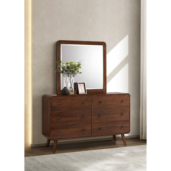 English Elm Winston Mid-century Six Drawer Dresser with Framed Mirror Walnut Veneer Bedroom Suite Dark Walnut B062S02298