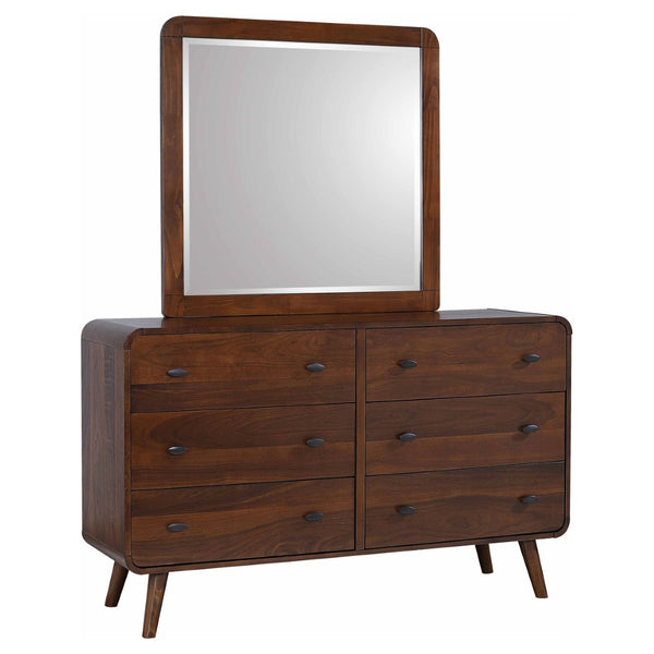 English Elm Winston Mid-century Six Drawer Dresser with Framed Mirror Walnut Veneer Bedroom Suite Dark Walnut B062S02298
