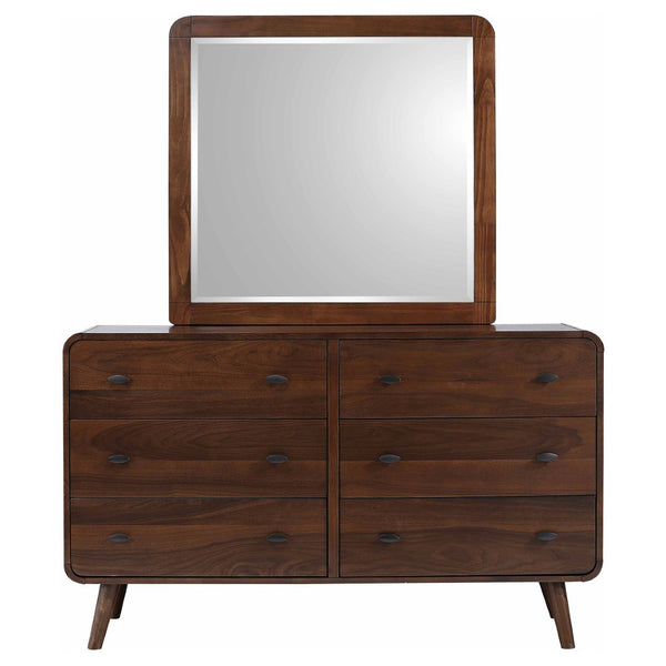 English Elm Winston Mid-century Six Drawer Dresser with Framed Mirror Walnut Veneer Bedroom Suite Dark Walnut B062S02298