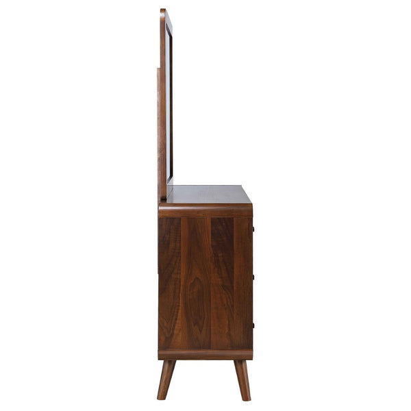 English Elm Winston Mid-century Six Drawer Dresser with Framed Mirror Walnut Veneer Bedroom Suite Dark Walnut B062S02298