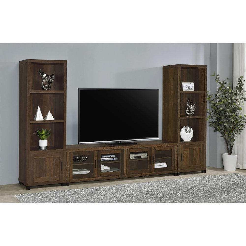 English Elm Heron Three Piece Media Wall with Tempered Glass Towers in Dark Pine Finish B062S02312