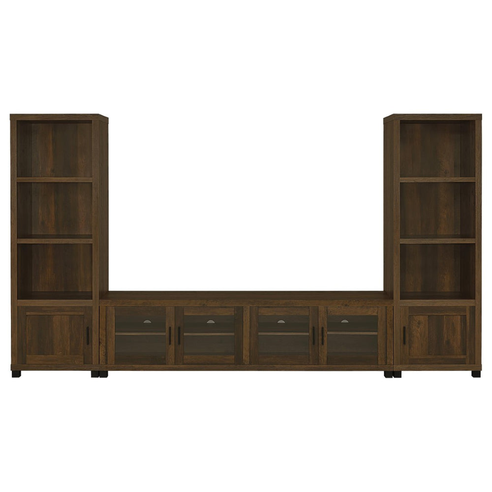 English Elm Heron Three Piece Media Wall with Tempered Glass Towers in Dark Pine Finish B062S02312