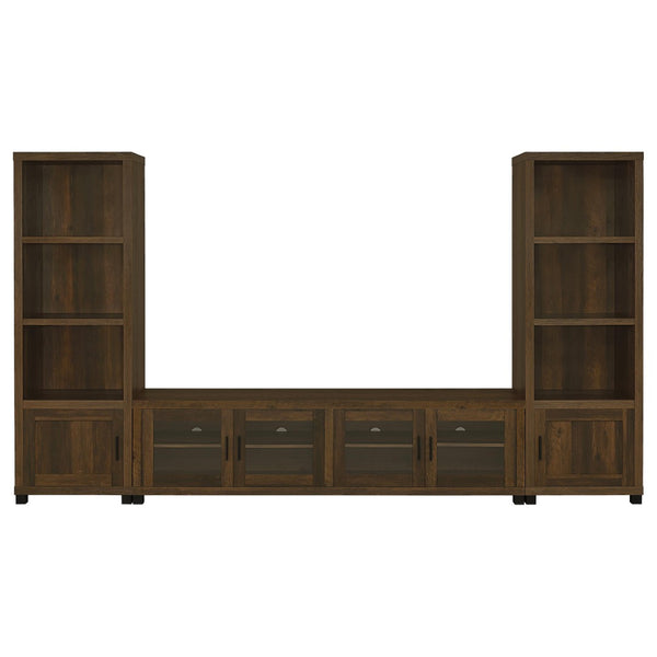 English Elm Heron Three Piece Media Wall with Tempered Glass Towers in Dark Pine Finish B062S02312