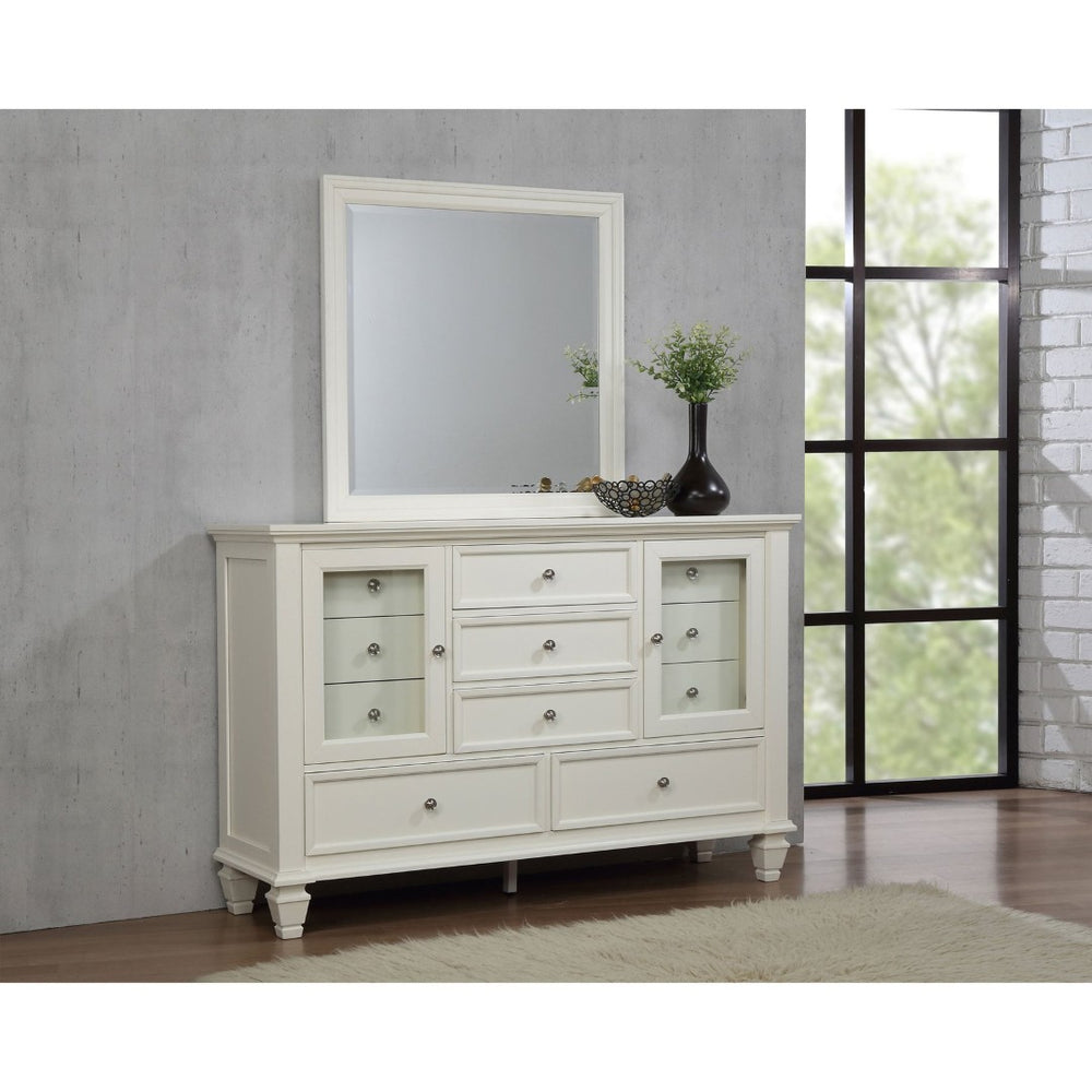 English Elm Dennis Cream White Dresser with Mirror Brushed Nickel Hardware Cottage Bedroom B062S02315