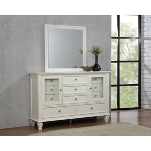 English Elm Dennis Cream White Dresser with Mirror Brushed Nickel Hardware Cottage Bedroom B062S02315
