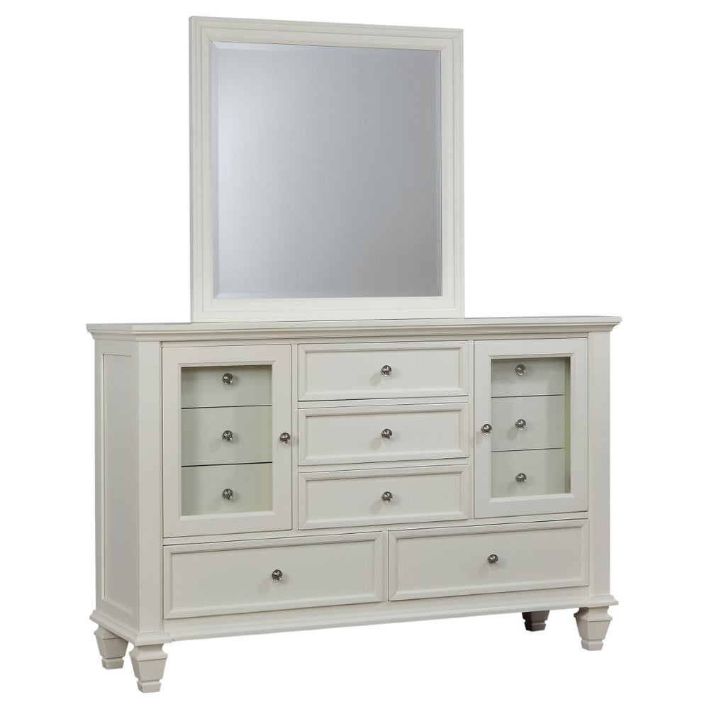English Elm Dennis Cream White Dresser with Mirror Brushed Nickel Hardware Cottage Bedroom B062S02315