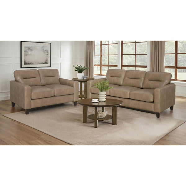 English Elm Remington Matte Leatherette Sofa and Loveseat Set with Track Arms for Modern Living Brown B062S02319