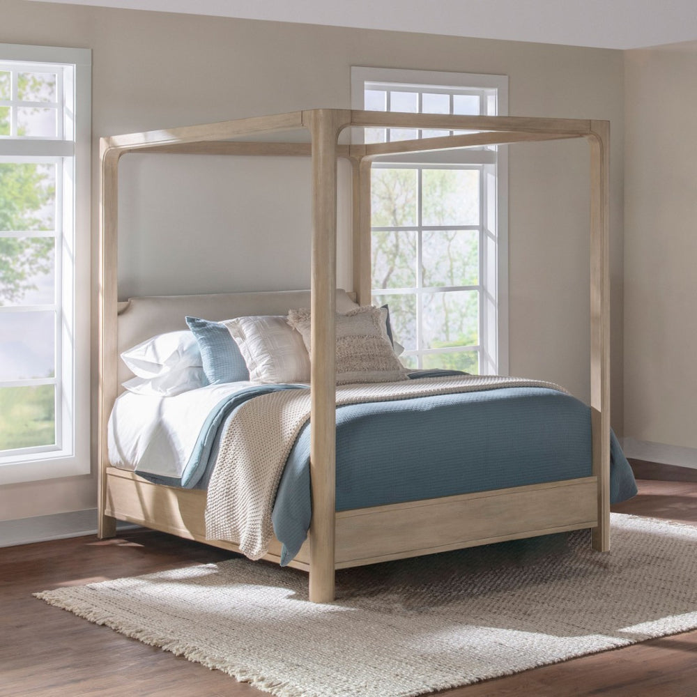 English Elm Flores Arched Canopy Eastern King Bed Weathered Mango Wood with Upholstered Headboard B062S02324