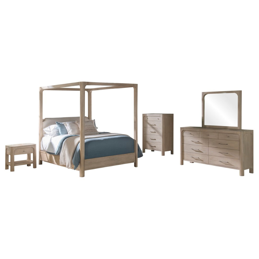 English Elm Flores Solid Wood Canopy King Bedroom Set with Upholstered Headboard Warm Grain B062S02327