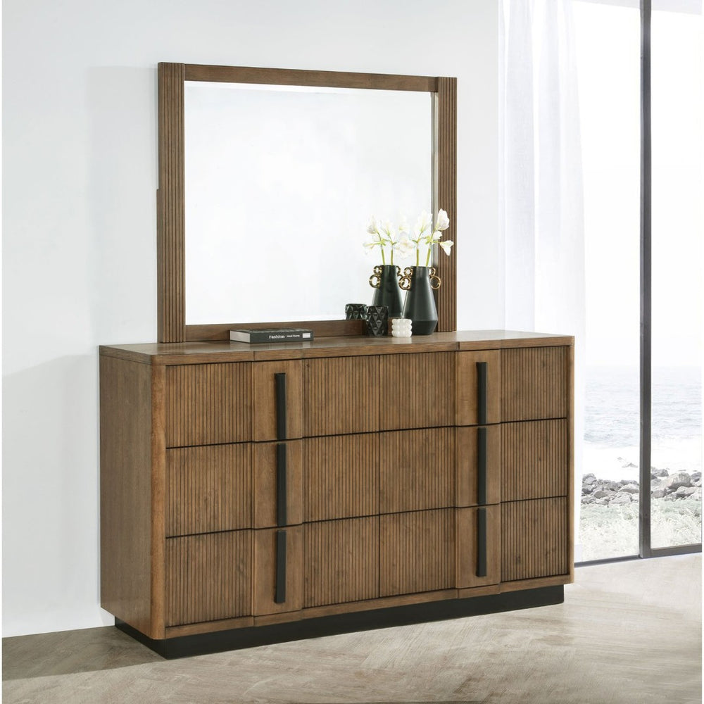 English Elm Moraga Fluted Ash Brown Dresser with Beveled Mirror Six Drawer Bedroom Focal B062S02336