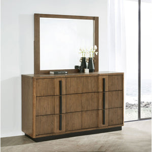 English Elm Moraga Fluted Ash Brown Dresser with Beveled Mirror Six Drawer Bedroom Focal B062S02336