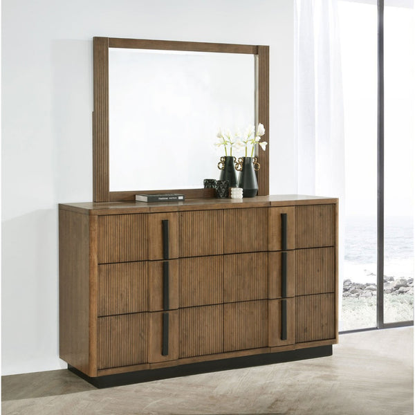 English Elm Moraga Fluted Ash Brown Dresser with Beveled Mirror Six Drawer Bedroom Focal B062S02336