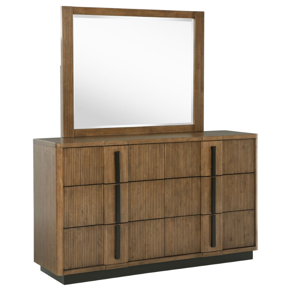English Elm Moraga Fluted Ash Brown Dresser with Beveled Mirror Six Drawer Bedroom Focal B062S02336