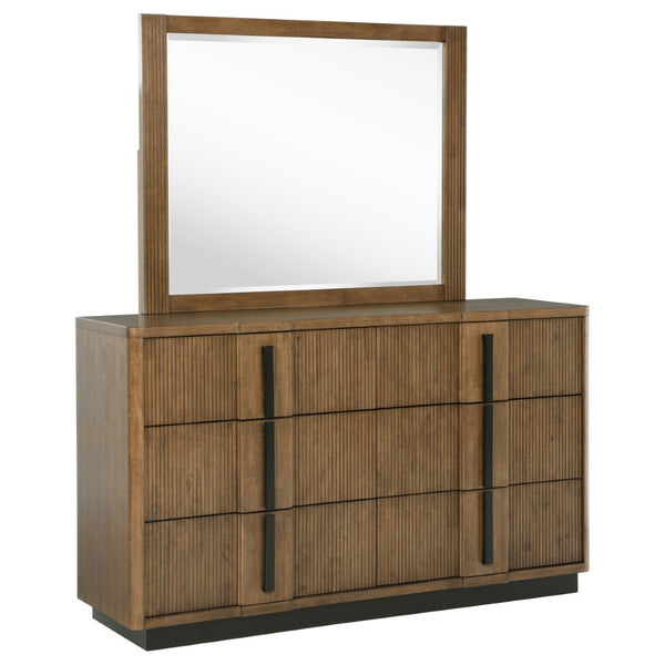 English Elm Moraga Fluted Ash Brown Dresser with Beveled Mirror Six Drawer Bedroom Focal B062S02336